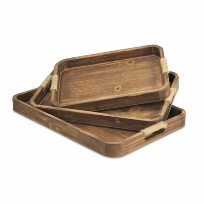 Brown Rectangular Wood Handmade Tray With Handles