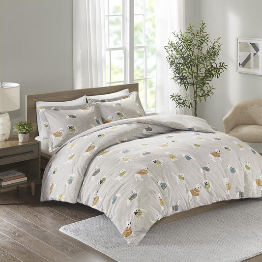 100% Cotton Flannel Printed Duvet Set - Grey Dogs 556 | Cozy and Charming