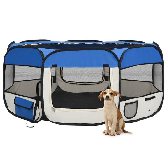 vidaXL Foldable Dog Playpen with Carrying Bag Blue - 57.1"x57.1"x24" - Training, Sleeping, and Play Area