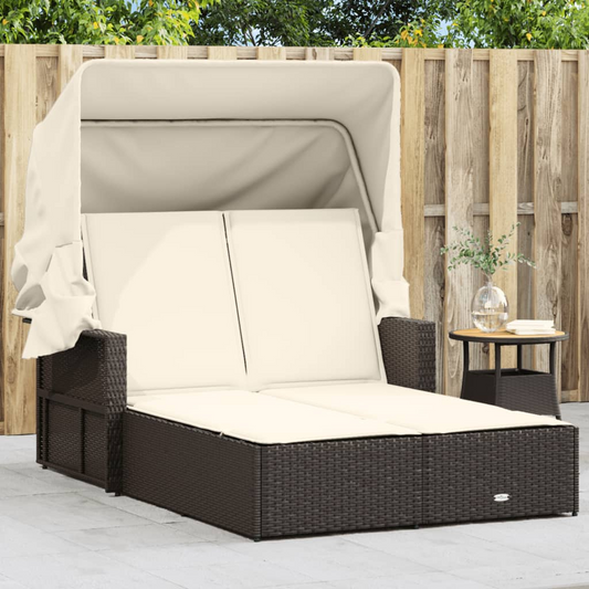 vidaXL Double Sun Lounger with Canopy and Cushions - Brown Poly Rattan | Outdoor Patio Furniture