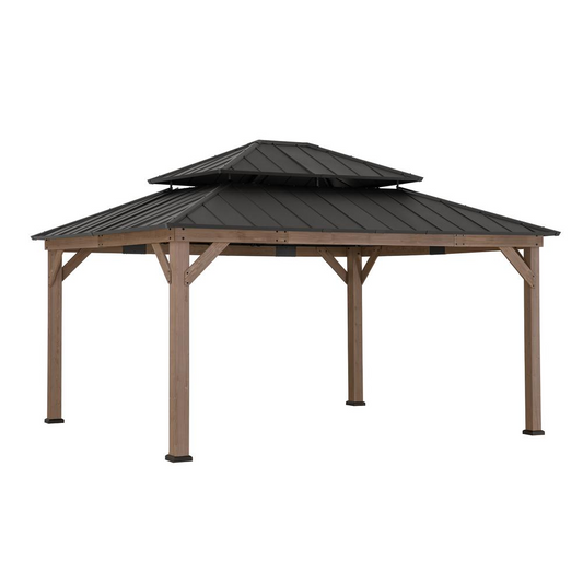 13 ft. x 15 ft. Cedar Framed Gazebo with Brown Steel 2-tier Hip Roof Hard Top